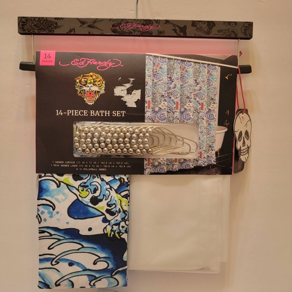 Ed Hardy 14 Piece Bath Set Watercolor Waves Tiger Shower Curtain Liner Hooks New